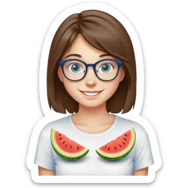Girl with thin-rimmed glasses, shaggy hair, melon face, big eyes, smiling, 23 years old, energetic, wearing a white t-shirt sticker