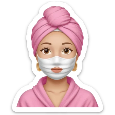Clean girl influencer character, chest-up portrait, wearing a pink towel wrapped around the head, half-face skincare mask (applied only on one side of the face), relaxed confident expression, , minimal chic self-care aesthetic, subtle beauty accessories sticker