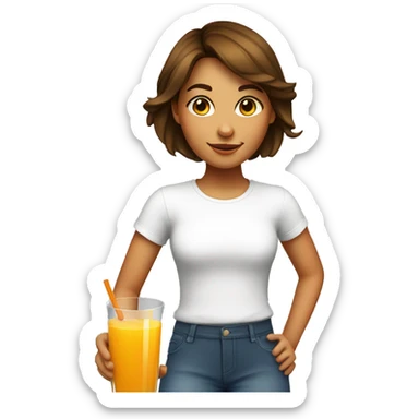 A girl with short brown hair wearing a white t-shirt, drinking orange juice and a glass sticker