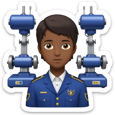A 20-year-old man with dark brown hair, anime style, dark brown eyes, his hair on the right side is normal and straight, while the left side extends sideways. He is wearing a collared uniform. The background is filled with machines. sticker