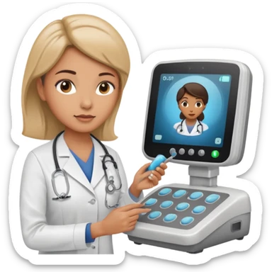 female doctor and ultrasound technician adjusting knobs on an ultrasound machine sticker