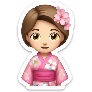 cute girl brown straight hair and blue eyes in pink flower kimono sticker