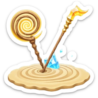 desert sand mage staff object icon, ancient wooden staff, swirling sand crystal on top, glowing golden aura, small floating sand particles, fantasy desert style, 3D cartoon, mobile game icon style, centered, clean background, soft shadow, no text, no watermark
 sticker