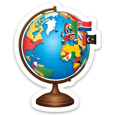An icon featuring a globe with location pins, open maps, and landmarks from different countries, symbolizing area studies. The design includes cultural symbols, flags, and geographic features to represent diverse regions. Transparent background. sticker