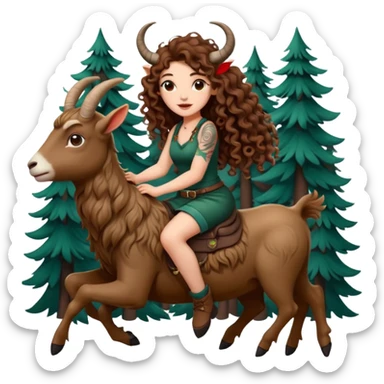 cute woman long curly brown hair tattoos riding forest goat sticker