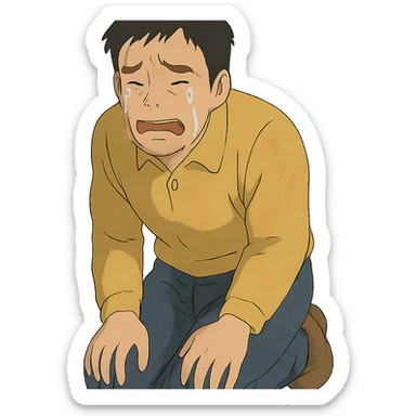 ghibli style illustration of a sad Asian man kneeling and crying sticker