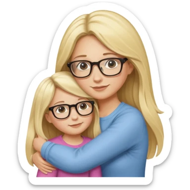 je voudrai un emoji d'une maman blonde avec des lunettes et de sa fille aux cheveux longs et blonds avec des lunettes qui fond un calin, les 2 ont les cheveux longs sticker