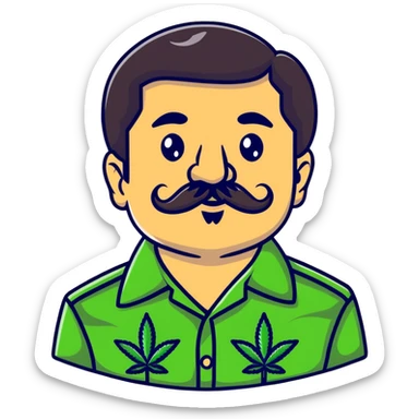 Mexican drug lord El Chapo with mustache and cannabis leaf patterned shirt sticker