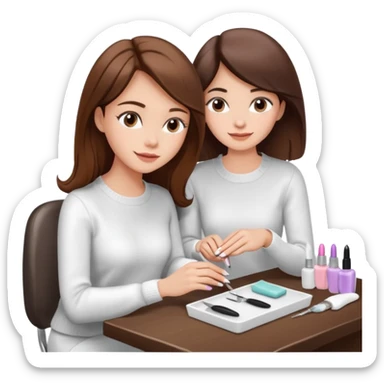 A realistic illustration of a girl with medium-length thick brown hair sitting at a manicure table. Another girl is carefully doing her nails, using professional manicure tools. Soft natural lighting, clean salon environment, detailed hands and nail work, warm and pleasant atmosphere. sticker