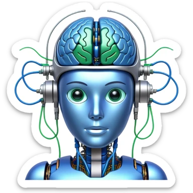An icon featuring a humanoid robot, a neural network diagram, and a glowing brain, symbolizing artificial intelligence. The design includes binary code, a microchip, and data flow lines, representing machine learning, automation, and innovation. Transparent background sticker