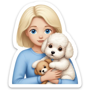 Blonde blue-eyed long-haired mother -hugs two dogs-a Bichon Frise- and- a Teddy sticker