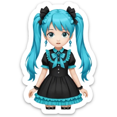 anime-style female character with bright turquoise hair styled in twin tails and matching blue eyes. Her outfit is a frilly turquoise and black dress in a Lolita-esque style, heavily contrasted with black ribbons and trim. A key detail is the prominent "AWP" logo printed in black on the chest, sticker