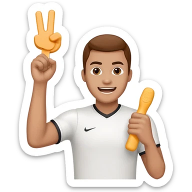 enthusiastic sports fan with foam finger sticker