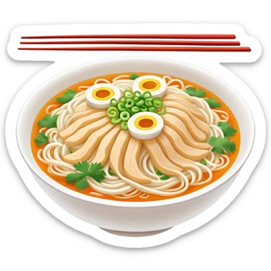 Guilin rice noodles with thin white strands and toppings, simplified emoji style with bold outlines and bright colors, cartoon style Guangxi famous Mi Fen sticker