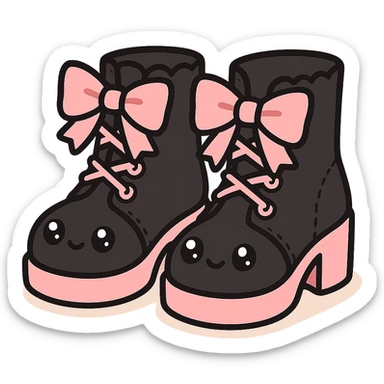BLACKPINK-inspired gothic shoes, no hearts, black and pink, cute and stylish, kawaii style, pastel peach accents, lace-up ankle boots with ribbons sticker