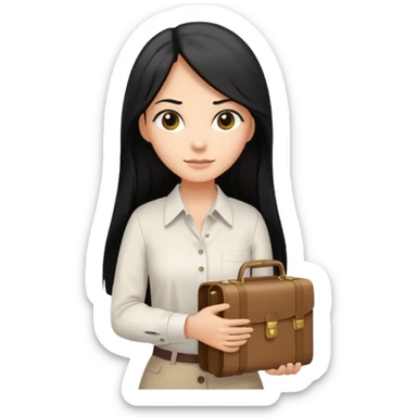 a light tan woman with long black hair past mid-back, round brown eyes, white button up shirt. holding manila case files in her hands. sticker