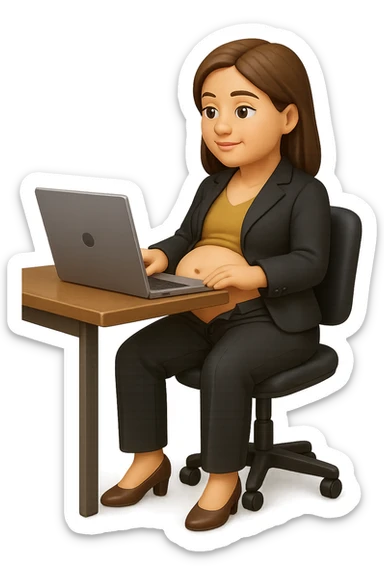 emoji stile iphone di una donna seduta alla scrivania dell'ufficio in completo elegante con i pantaloni sbottonati perché ha la pancia gonfia, falla a corpo intero, iperrealistico 4k sticker