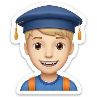 schoolboy with big front teeth wearing a cap sticker
