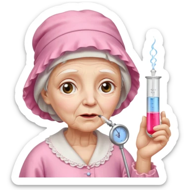 sick old woman with glass thermometer on her mouth pink night gown, pink bonnet on her head sticker