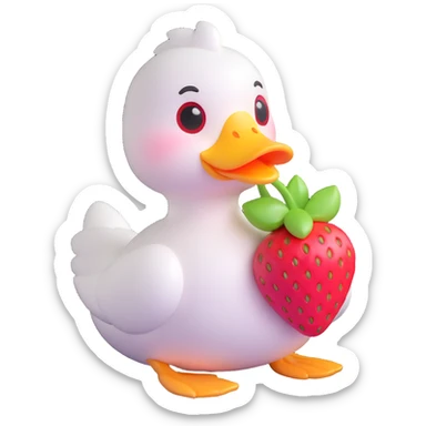 cute white duck with a strawberry-shaped shoulder bag, kawaii 3D style, pastel colors, big shiny eyes, soft lighting, inspired by iOS 18 aesthetics sticker