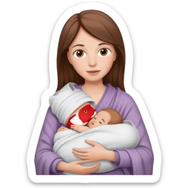 A white-skinned mother with brown hair holds her baby with white skin and brown hair in her arms, the baby is wrapped in a white blanket sticker