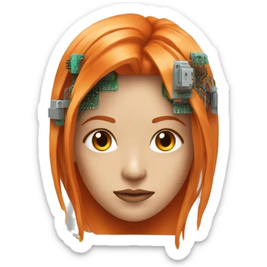 Head of female cyborg with long orange hair and circuits sticker