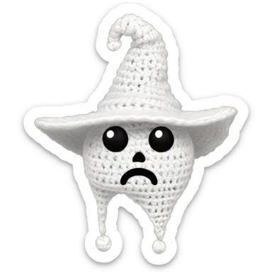 white shaped adorable crocheted ghost. it has only two black pearl shaped eyes (no mouth)  and wearing a black pointy witch hat. the hat shouldbe black only. the ghost is crocheted, made from yarn. sticker