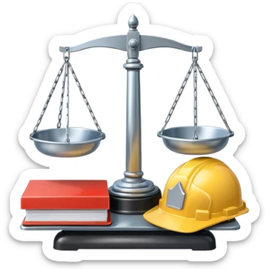 Image of a justice scale with a construction helmet on one side and a folder on the other. Simple sticker