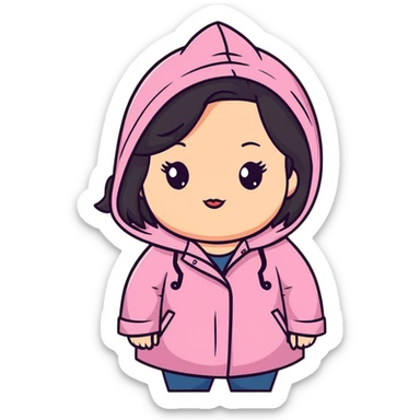 light skinned girl with round, slightly upturned brown eyes with long lashes, medium sized full blush colored lips, slightly chubby cheeks, long straight black hair, wearing a colorful raincoat sticker