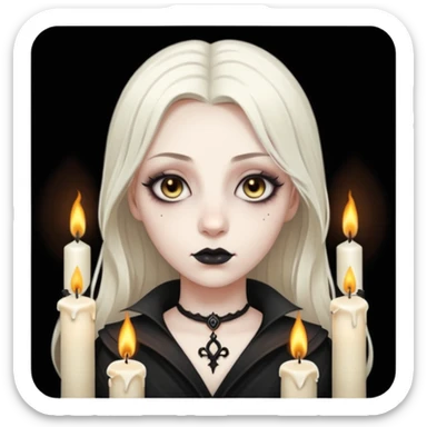 Pale woman with kohl-lined eyes staring through candle smoke, predatory calm, gothic fantasy mood sticker