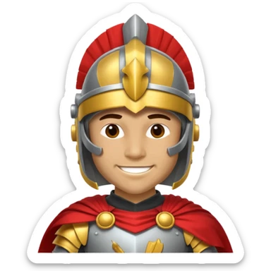 A friendly Trojan warrior mascot with a large cartoon-style head, wearing a silver helmet with a red crest and black cheek guards. confident smile. The character wears dark armor with metallic details and a bright yellow cape sticker