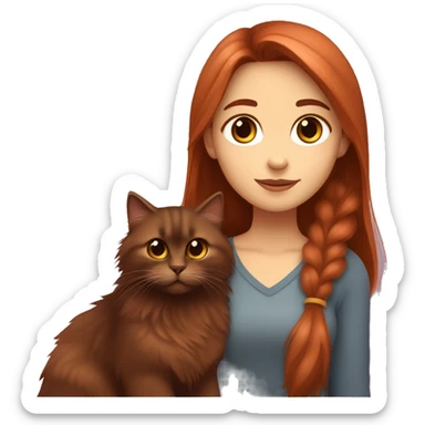 Copper red straight haired girl with dark  brown eyes hugging a fluffy dark brown Siberian cat sticker