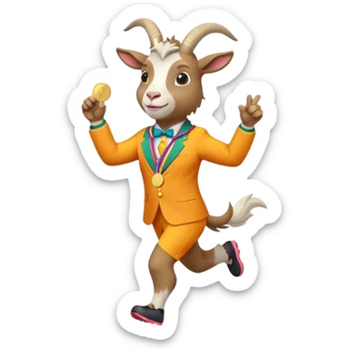 friendly anthropomorphised goat jogging upright in a colourful suit, holding up a medal, standard pose sticker