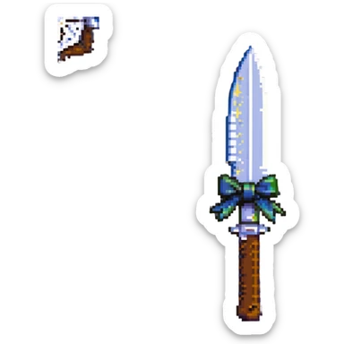 gothic knife, black and pink, with starry night motif and lace bow, pixel art style sticker