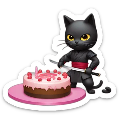 Ninja cat cuts a cake with a katana sticker
