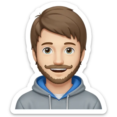 20 year old man, short scruffy beard and thin moustache, brown puffy mullet, blue eyes, big smile, white teeth, big lips, pronounced jaw, hair longer in back, sticking up on top, thin face, grey hooded sweatshirt, pale skin, big smile, blue eyes, puffy hair that is long in back, blue eyes, no bangs sticker