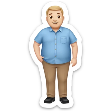 A cheerful overweight man wearing a light blue button-up shirt, brown trousers, and polished black shoes, standing with a friendly smile, simple cartoon style, emoji design sticker