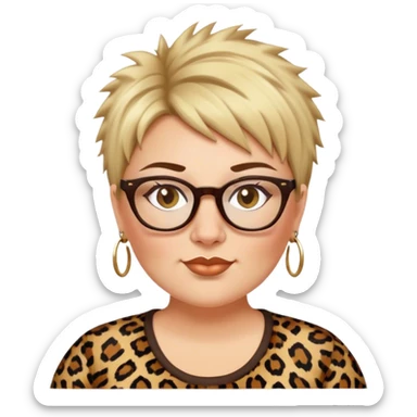  plus size white women dressed in leopard with short medium brown and blonde shaggy spiked hair wearing glasses with hazel color eyes and wide flat nose sticker