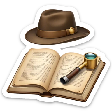 Icon for Detective Reading: an open book with text and a magnifying glass on the pages, a classic detective hat, and a pipe, surrounded by clues like footprints, a revolver, and a notepad. The icon should represent the mystery and intrigue of detective stories. Transparent background. sticker