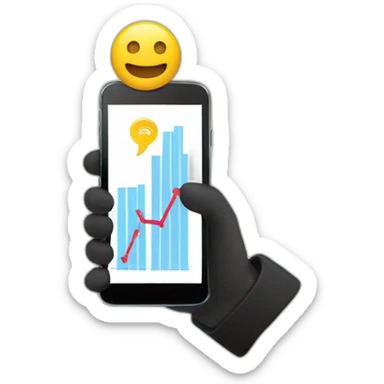 a hand holding a black smartphone showing a graph going up sticker