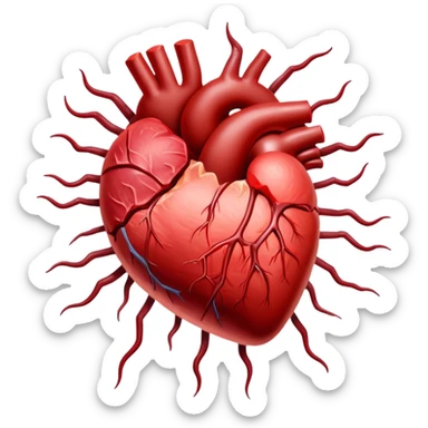 Glowing cuts of red meat and liver surrounding a bright red heart. Red blood cells float around the heart, with energy streams connecting the meat to the blood cells and heart, showing how iron-rich foods power circulation and vitality. sticker