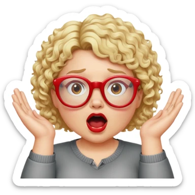 Blonde woman with short curly hair, slightly overweight, wearing red-framed glasses, shouting with hands on both sides of her mouth sticker