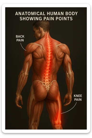 corpo umano anatomico con mal di schiena e al ginocchio, iperrealistico 4k sticker