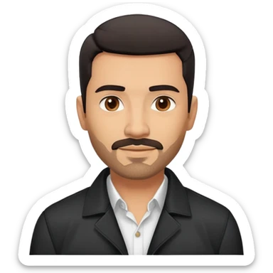 Attractive Hispanic TV host in his mid to late 40s with light brown skin, short straight black hair with pronounced fade haircut, stubble/scruff facial hair instead of full beard, square handsome face with strong jawline, friendly expression, wearing open black jacket with white buttoned shirt sticker