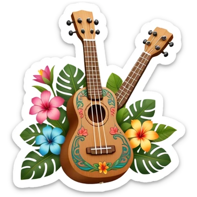 Ukulele with Polynesian carvings with flowers behind it sticker