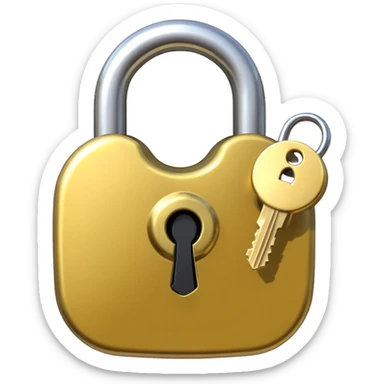A shiny golden closed padlock with a silver key inserted into the keyhole, centered on a plain background. The lock is smooth and rounded, emoji-like style with clean lines sticker