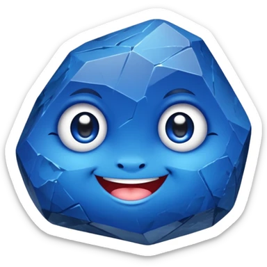A single chubby gemstone rock character, bright sapphire blue, very rock-like with chunky irregular facets and a slightly rough stone texture, big glossy eyes and a happy smile sticker