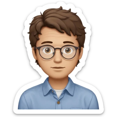 male Slim, slightly oval face, light skin.
Medium-length brown wavy hair, slightly messy.
Brown eyes, round eyeglasses.
Soft, calm expression.
No beard or very light stubble. sticker