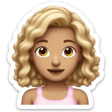 girl with wavy brown hair with blonde chunky streaks, pale, hazel eyes, short, light pink tube top. sticker