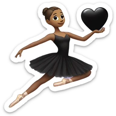 A ballerina in a black dress holds a black heart on her outstretched hand sticker